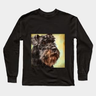 Close up Painting of a Majestic Looking Schnauzer in Yellow Background Long Sleeve T-Shirt